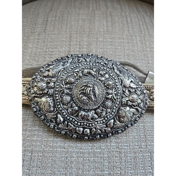 Rare Antique Straits Chinese Peranakan Sterling Silver Belt Buckle Chainmail